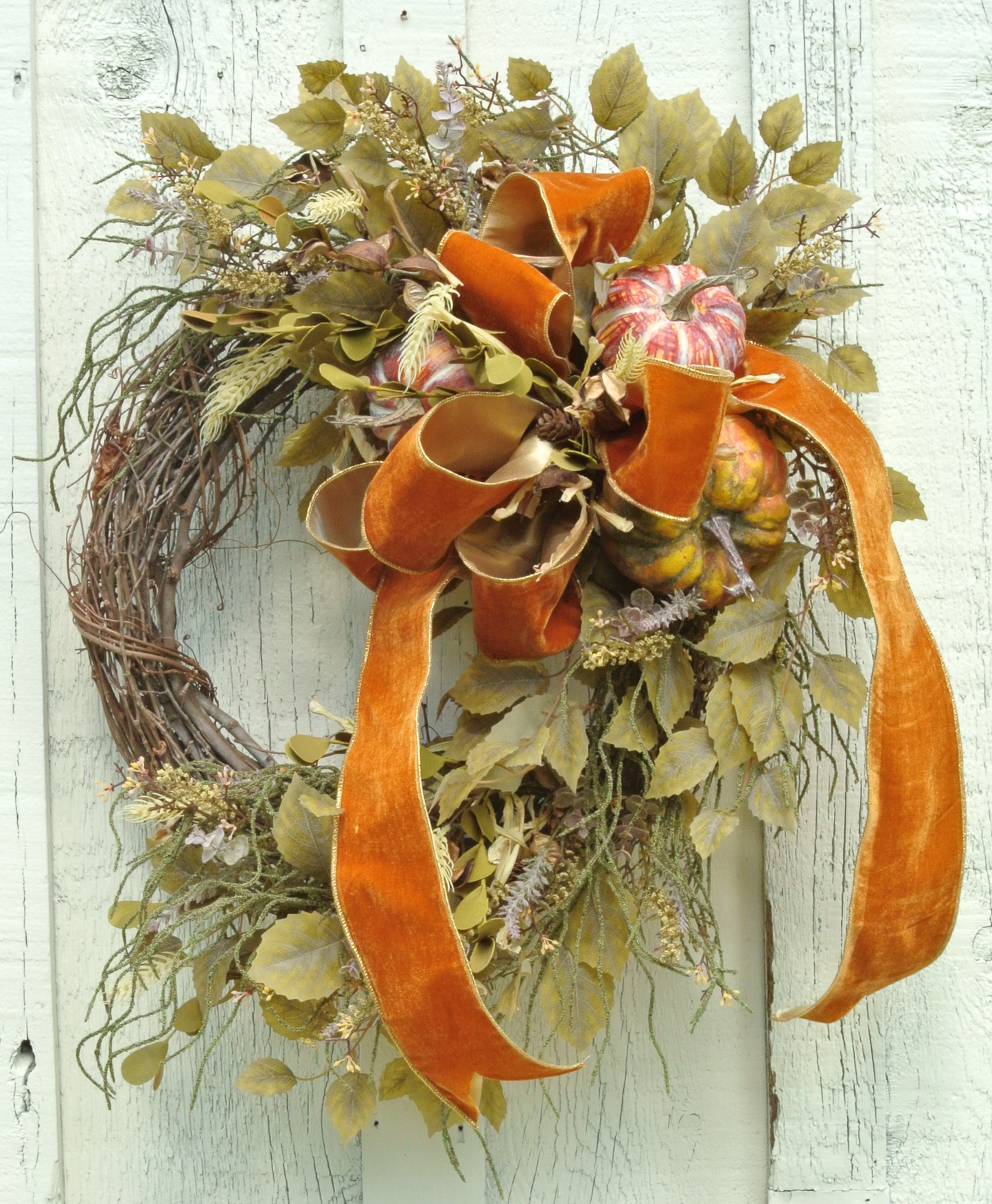 Fall Pumpkin Wreath with Orange Ribbon