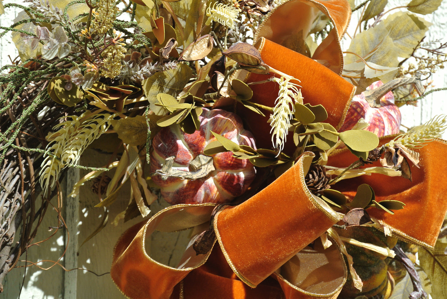 Fall Pumpkin Wreath with Orange Ribbon