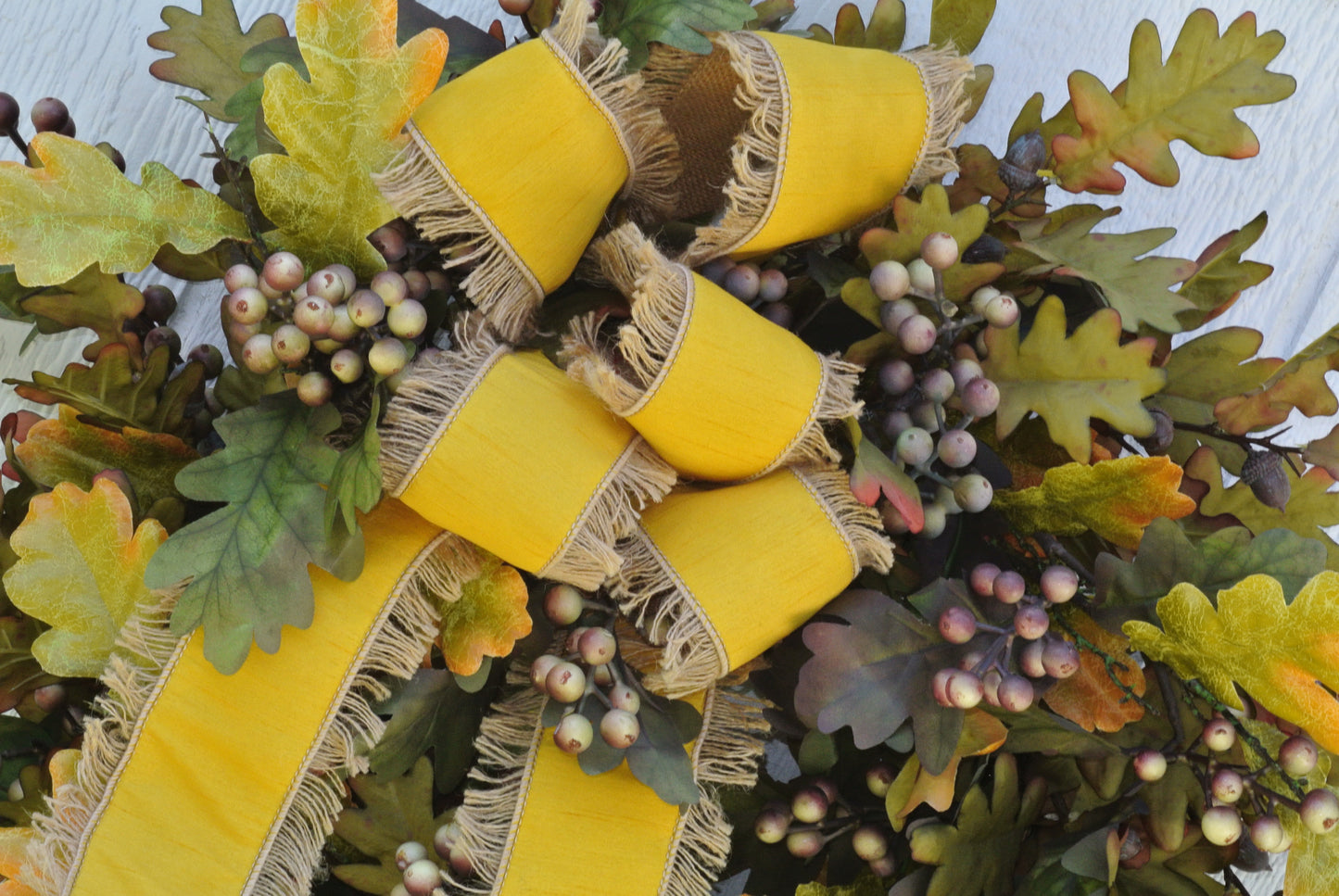 Oak Leaf Wreath with Golden Yellow Fringe Ribbon