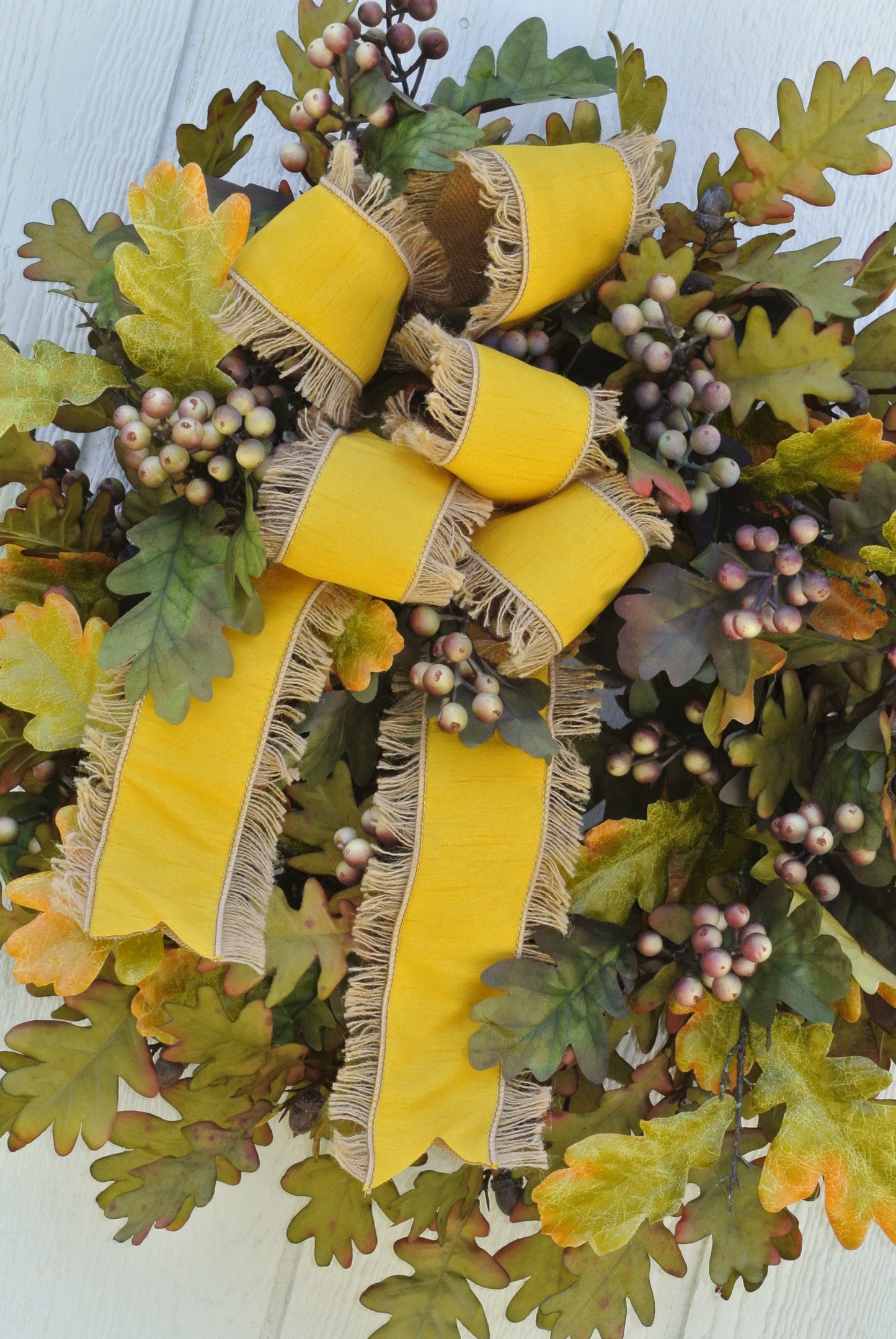 Oak Leaf Wreath with Golden Yellow Fringe Ribbon