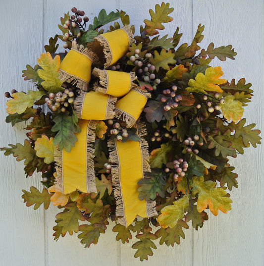 Oak Leaf Wreath with Golden Yellow Fringe Ribbon