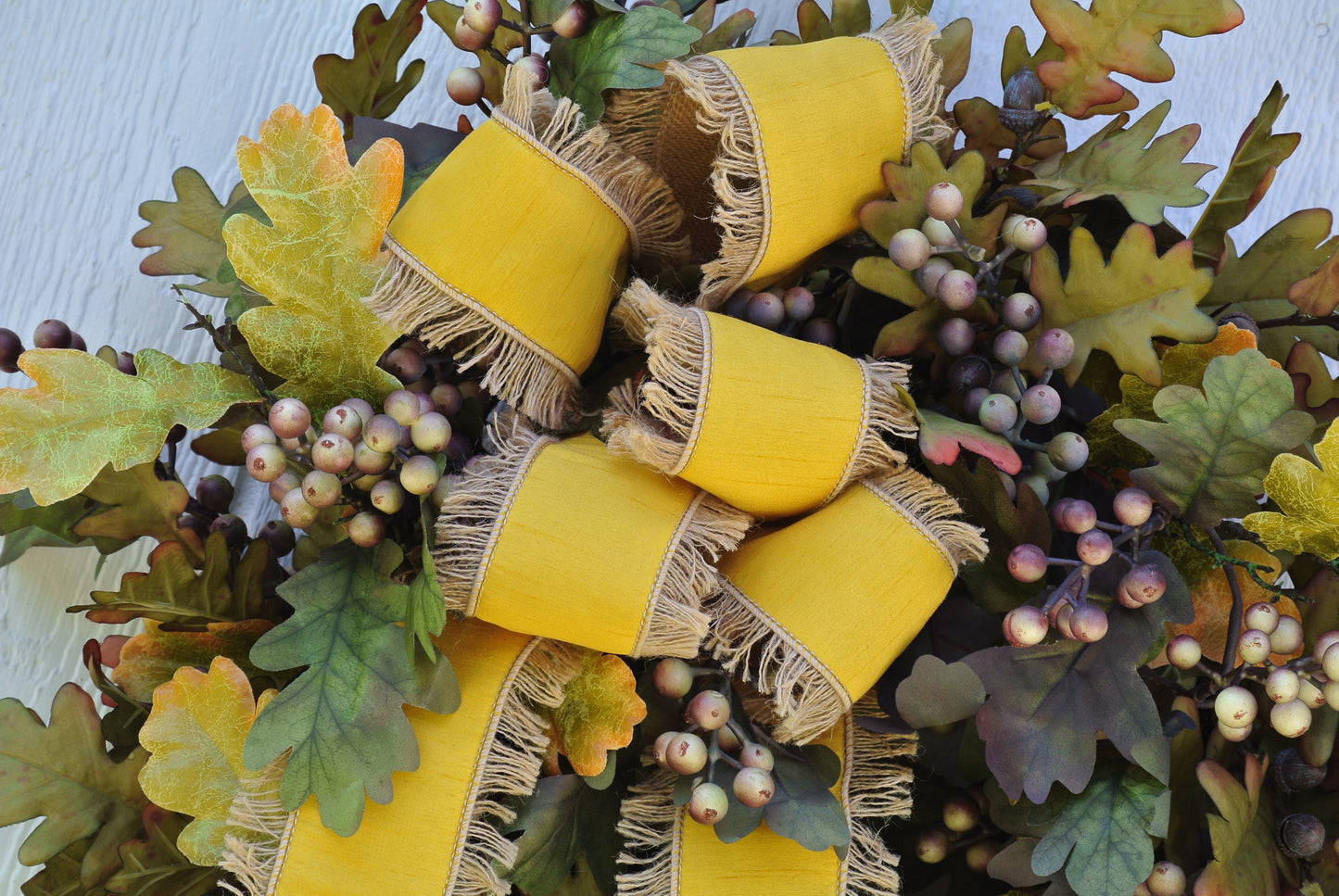 Oak Leaf Wreath with Golden Yellow Fringe Ribbon