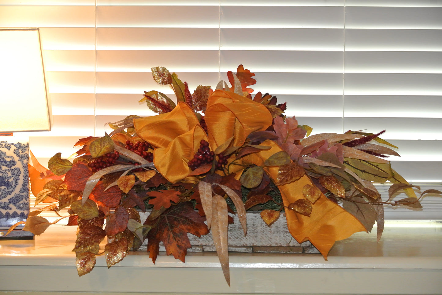 Fall Floral Arrangement with Golden Yellow Ribbon