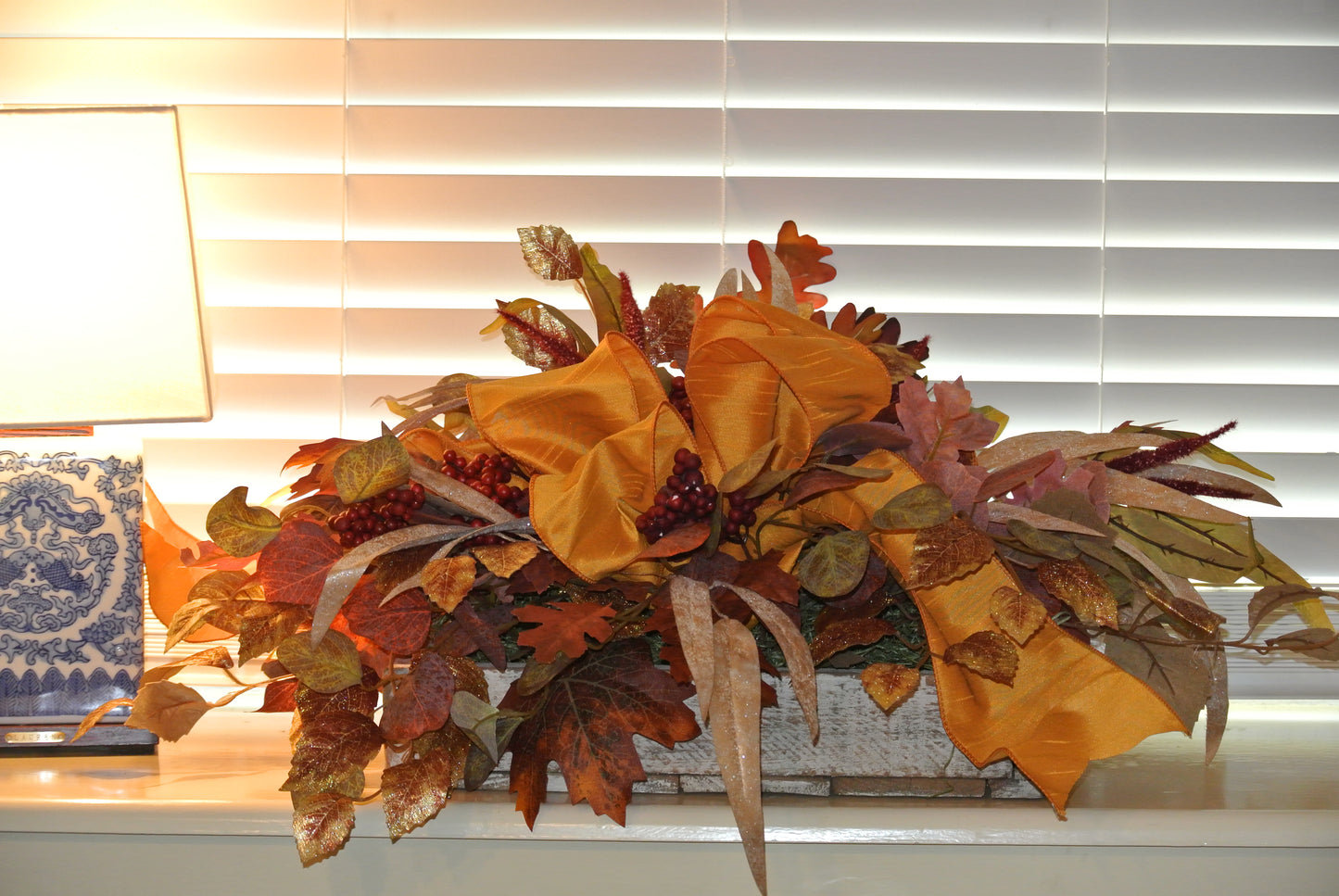 Fall Floral Arrangement with Golden Yellow Ribbon