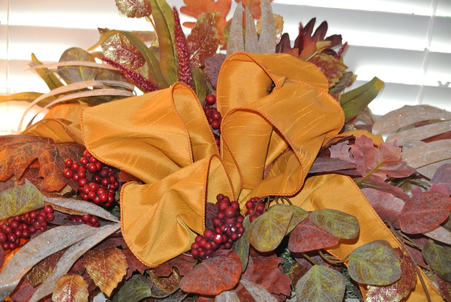 Fall Floral Arrangement with Golden Yellow Ribbon