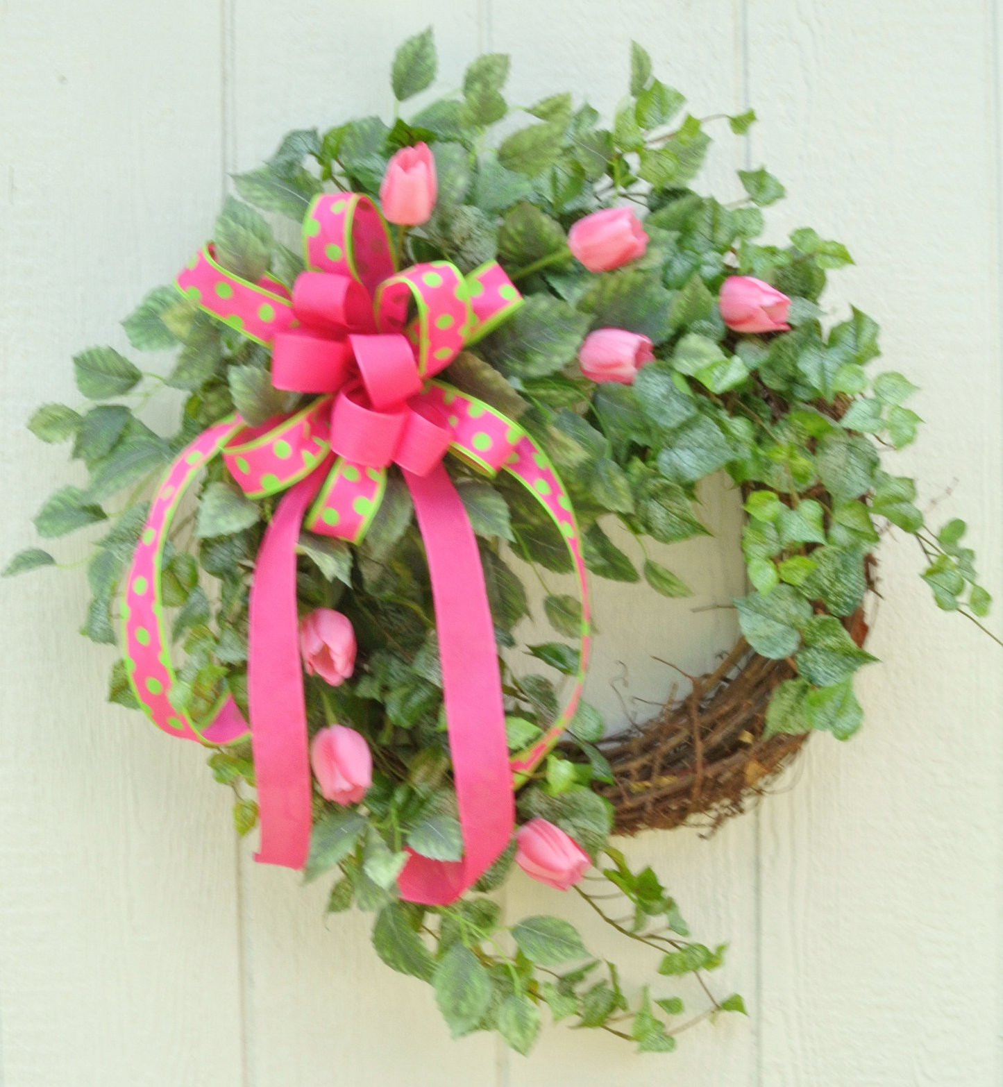 Pink Tulip and Ribbon Wreath